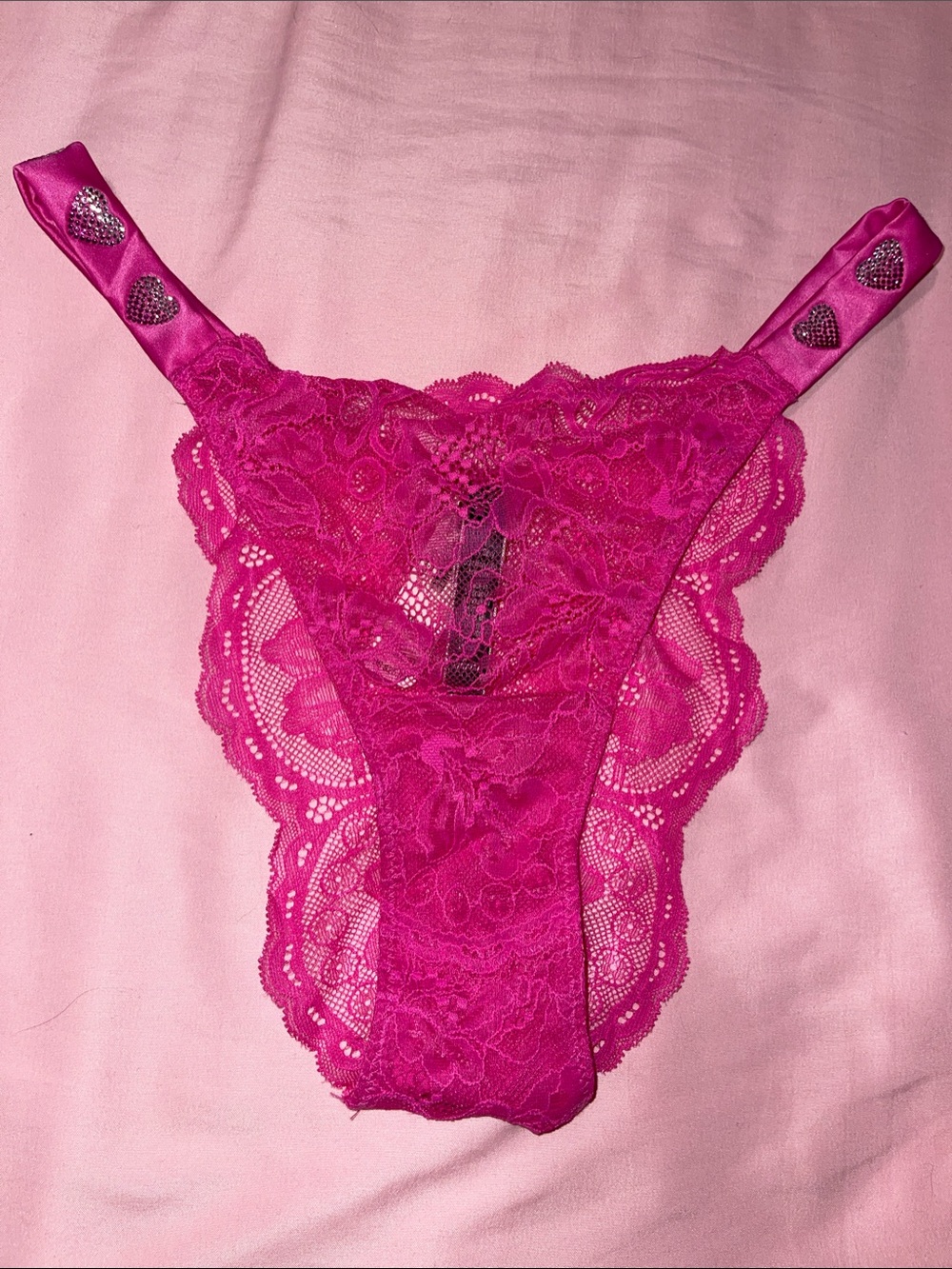 Victoria's Secret Hot Pink Lace Thong with Heart Strap Accents